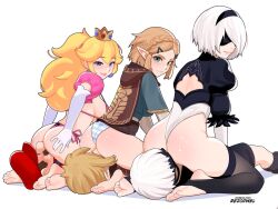 2b_(nier:automata) 3boys 3girls ass blonde_hair blue_eyes breasts crossover feet hairband hetero jewelry leotard link long_hair mario mario_(series) multiple_boys multiple_girls nier:automata nier_(series) nintendo no_shoes pointy_ears ponytail princess_peach princess_zelda rezodwel short_hair sitting sitting_on_face sitting_on_person soles stirrup_legwear the_legend_of_zelda the_legend_of_zelda:_tears_of_the_kingdom toeless_legwear toes white_hair