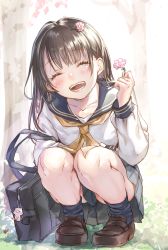Rule 34 | 1girl, ^ ^, ao+beni, bag, bag charm, black hair, blue socks, blush, charm (object), cherry blossoms, closed eyes, clothes between thighs, commentary request, flower, hair flower, hair ornament, hairclip, highres, holding, kneehighs, loafers, long hair, long sleeves, open mouth, original, outdoors, pleated skirt, school bag, school uniform, serafuku, shoes, skirt, smile, socks, solo, squatting