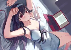 Rule 34 | 1girl, absurdres, arms up, bed, black hair, breasts, commentary, computer, curtains, dress, hairband, highres, indoors, kasumigaoka utaha, laptop, large breasts, long hair, looking at viewer, lying, nightgown, on back, on bed, parted lips, red eyes, saenai heroine no sodatekata, short dress, sideways, solo, thighs, white dress, white hairband, white nightgown, yanagi marie