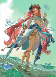 Rule 34 | 1girl, aqua eyes, bare shoulders, blue skirt, breasts, detached sleeves, flower, full body, genshin impact, gladiator sandals, gold footwear, hand up, harem outfit, highres, holding, holding sword, holding weapon, horns, hydrokinesis, jewelry, leaf, legs, long hair, long sleeves, looking at viewer, medium breasts, midriff, neck ring, nilou (genshin impact), parted lips, puffy long sleeves, puffy sleeves, red hair, revision, sandals, shallow water, skirt, solo, standing, sword, thighlet, toes, twintails, veil, very long hair, wading, water, weapon, xiang wan wei wan, xiphos&#039; moonlight (genshin impact)