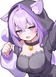 Rule 34 | 1girl, alternate costume, animal ear fluff, animal ears, black collar, black jacket, blush, breasts, cat ears, cat girl, cat tail, cleavage, collar, deaver, fang, highres, hololive, hood, hood up, hooded jacket, jacket, large breasts, long sleeves, looking at viewer, nekomata okayu, open mouth, puffy long sleeves, puffy sleeves, purple eyes, purple hair, simple background, solo, tail, virtual youtuber, white background