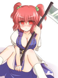 Rule 34 | 1girl, blush, breasts, cleavage, covering privates, covering crotch, hair bobbles, hair ornament, large breasts, onozuka komachi, panties, red eyes, red hair, ry (yagoyago), scythe, short hair, sitting, solo, touhou, twintails, two side up, underwear