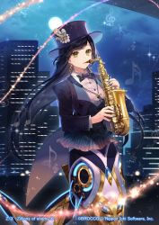 Rule 34 | 1girl, alto saxophone, black bow, black bowtie, black hair, black hat, black jacket, black vest, blue nails, bow, bowtie, brown eyes, building, character request, closed mouth, cloud, cloudy sky, commentary request, copyright name, earrings, fingernails, formal, full body, hat, hat ornament, holding, holding instrument, instrument, jacket, jewelry, long hair, looking at viewer, mermaid, momoshiki tsubaki, monster girl, music, musical note, nail polish, night, night sky, official art, outdoors, playing instrument, quaver, saxophone, shirt, sky, skyscraper, solo, suit, top hat, very long hair, vest, white shirt, z/x