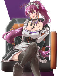Rule 34 | 1girl, alternate costume, apron, bare shoulders, black dress, black thighhighs, breasts, cleavage, collar, crossed legs, detached collar, dolla (nikke), dress, earrings, elbow gloves, enmaided, frilled dress, frills, gloves, goddess of victory: nikke, highres, jewelry, large breasts, long hair, maid, maid apron, maid headdress, margherita832, open mouth, ponytail, purple eyes, purple hair, sitting, solo, thighhighs, white gloves