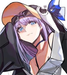 Rule 34 | 1girl, alracoco, animal hood, bare shoulders, black jacket, blue bow, blue eyes, bow, breasts, choker, closed mouth, collarbone, eyewear on head, fate/grand order, fate (series), hair between eyes, hood, jacket, long hair, long sleeves, meltryllis, meltryllis (fate), meltryllis (swimsuit lancer) (fate), meltryllis (swimsuit lancer) (first ascension) (fate), penguin hood, purple hair, sleeves past fingers, sleeves past wrists, small breasts, smile, solo, sunglasses, very long hair