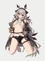Rule 34 | 1girl, absurdres, arknights, bare shoulders, barefoot, black panties, blush, breasts, closed mouth, commentary, english commentary, full body, grey background, grey hair, grey jacket, highres, jacket, kneeling, long hair, long sleeves, looking at viewer, medium breasts, navel, nipples, open clothes, open jacket, panties, red eyes, see-through, simple background, solo, tail, togekk0, underwear, weedy (arknights)