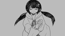 Rule 34 | 1girl, animated, animated gif, black hair, blunt bangs, closed eyes, closed mouth, collarbone, expressionless, facing viewer, greyscale, hair ornament, holding, holding umbrella, hood, hood down, hooded jacket, jacket, long hair, long sleeves, looping animation, lost umbrella (vocaloid), low twintails, monochrome, open clothes, open jacket, osage (nukunuku nigirimeshi), print shirt, shirt, simple background, solo, takamiya yuu, twintails, two-handed, umbrella, upper body, vocaloid