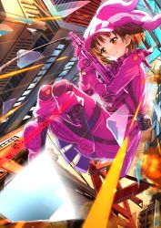Rule 34 | 1girl, animal ears, animal hat, blush, boots, brown eyes, brown hair, bullpup, closed mouth, commentary request, cross-laced footwear, day, explosion, explosive, gloves, gun, hat, highres, holding, holding gun, holding weapon, jacket, lace-up boots, llenn (sao), long sleeves, outdoors, p-chan (p90), p-chan (sao), p90, pants, personal defense weapon, pink footwear, pink gloves, pink hat, pink jacket, pink pants, rabbit ears, rabbit hat, solo, submachine gun, sword art online, sword art online alternative: gun gale online, swordsouls, tears, weapon