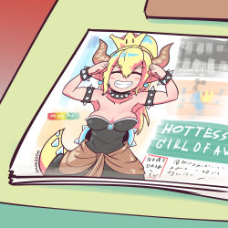 Rule 34 | 1girl, 1koma, absurdres, armlet, black dress, blonde hair, bowsette, bracelet, brooch, collar, comic, commentary, cover, dress, earrings, english text, gimme2000, hair between eyes, highres, horns, jewelry, long hair, magazine cover, mario (series), meme, new super mario bros. u deluxe, nintendo, pointy ears, ponytail, spiked armlet, spiked bracelet, spiked collar, spiked shell, spiked tail, spikes, super crown, tail, thick eyebrows