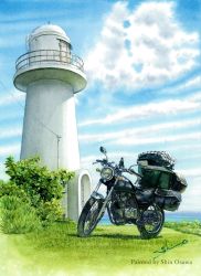 Rule 34 | artist name, blue sky, day, grass, highres, lighthouse, motor vehicle, motorcycle, no humans, outdoors, scenery, shin osawa, signature, sky, traditional media
