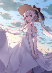 Rule 34 | 1girl, :d, aida (chinhung0612), arms behind back, bird, black bow, blue eyes, bow, cloud, cloudy sky, dress, fate/grand order, fate (series), hat, hat bow, hat ribbon, highres, long hair, looking at viewer, looking back, marie antoinette (fate), marie antoinette (fate/grand order), marie antoinette (swimsuit caster) (fate), marie antoinette (swimsuit caster) (second ascension) (fate), open mouth, outdoors, plaid, plaid bow, plaid ribbon, ribbon, round teeth, sidelocks, sky, smile, solo, sun hat, sundress, sunset, teeth, twintails, upper teeth only, white hair, windmill