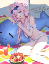 Rule 34 | 1girl, absurdres, bikini, blue archive, food, fruit, heterochromia, highres, hoshino (blue archive), hoshino (swimsuit) (blue archive), juice, pink hair, sand, sitting, solo, strawberry, supersugar, swimsuit, tube, watermelon, whale