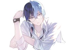 Rule 34 | 1boy, aoyagi touya, aqua hair, blue hair, collared shirt, dark blue hair, glasses, grey eyes, hair between eyes, highres, long sleeves, male focus, mona0101, multicolored hair, open mouth, partially unbuttoned, project sekai, shirt, short hair, sleeves rolled up, solo, upper body, watch, white background, white shirt