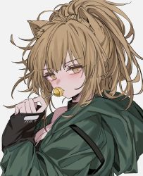 Rule 34 | 1girl, animal ears, aogisa, arknights, black gloves, blush, breasts, brown hair, candy, cleavage, commentary, food, gloves, green jacket, highres, holding, holding candy, holding food, holding lollipop, jacket, lion ears, lollipop, ponytail, siege (arknights), simple background, solo, symbol-only commentary, upper body, white background, yellow eyes