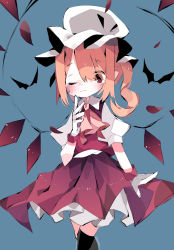 Rule 34 | 1girl, ascot, bat (animal), black thighhighs, blonde hair, blue background, collared shirt, cowboy shot, eyes visible through hair, flandre scarlet, hair over one eye, hat, highres, looking at another, medium hair, mob cap, nacht musik, one eye closed, puffy short sleeves, puffy sleeves, red skirt, red vest, shirt, short sleeves, side ponytail, simple background, skirt, skirt set, solo, thighhighs, touhou, vest, white hat, white shirt, wings, yellow ascot