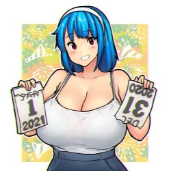 Rule 34 | 1girl, 2021, bare shoulders, blue hair, blue skirt, blush, border, breasts, cleavage, erkaz, grin, hairband, happy new year, huge breasts, medium hair, new year, original, red eyes, rina atherina, ripping, skirt, smile, tank top, white border, white hairband, white tank top