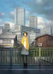 Rule 34 | 1girl, brown hair, building, city, cityscape, day, dress, grey pantyhose, hair ornament, hairclip, highres, looking at viewer, open clothes, original, outdoors, pantyhose, railing, short hair, solo, standing, tower, white dress, yoshida seiji