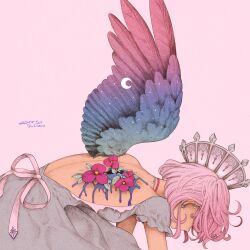 Rule 34 | 1girl, absurdres, artist name, choker, crescent moon, crown, dress, earrings, feathered wings, flower, gradient wings, grey dress, highres, jewelry, leaf, leaning forward, moon, multicolored wings, necklace, original, pink background, pink hair, pink ribbon, purple choker, purple flower, ribbon, short hair, simple background, single wing, solo, star (sky), upper body, wings, yuuinami