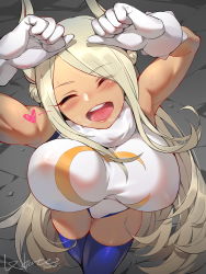 Rule 34 | 1girl, ^ ^, absurdres, animal ears, arms up, bare shoulders, blush, boku no hero academia, bouncing breasts, breasts, closed eyes, covered erect nipples, dark-skinned female, dark skin, fur trim, gloves, happy, heart, heavy breathing, highres, large breasts, leotard, looking at viewer, lxkate, mirko, muscular, muscular female, open mouth, rabbit ears, rabbit girl, sleeveless, smile, solo, sweat, thigh gap, thighhighs, white gloves, white hair