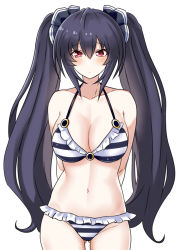 Rule 34 | 1girl, bikini, black hair, blush, breasts, cleavage, commentary, english commentary, hair between eyes, hair ribbon, highres, large breasts, long hair, looking at viewer, navel, neptune (series), noire (neptunia), red eyes, ribbon, simple background, solo, striped bikini, striped clothes, swimsuit, twintails, very long hair, white background, zatsu