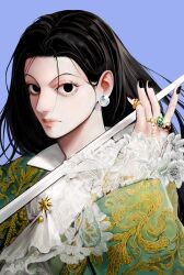 Rule 34 | 1boy, black eyes, black hair, black nails, closed mouth, dress, earrings, expressionless, green dress, highres, holding, holding sword, holding weapon, hunter x hunter, illumi zoldyck, jewelry, long hair, long sleeves, looking at viewer, male focus, nail, ra ho, ring, simple background, solo, sword, toned, toned male, weapon, white background