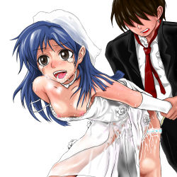 Rule 34 | 1girl, bent over, blush, breasts, bride, clothed sex, cum, dress, drooling, fucked silly, groom, idolmaster, idolmaster (classic), kisaragi chihaya, nipples, producer (idolmaster), saliva, see-through, sex, small breasts, tears, vaginal, wedding dress, wet, wet clothes