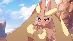 Rule 34 | 1girl, :3, animal nose, black sclera, blue sky, blush, body fur, brown fur, clenched hands, closed mouth, cloud, collarbone, colored sclera, creatures (company), day, female focus, furry, furry female, game freak, gen 4 pokemon, grapeanime, half-closed eyes, hands up, highres, long ears, looking at viewer, lopunny, nintendo, outdoors, pokemon, pokemon (creature), rabbit ears, rabbit girl, red eyes, sky, solo, two-tone fur, upper body, yellow fur
