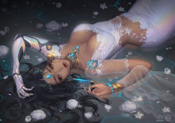 Rule 34 | 1girl, arm up, black hair, bracelet, breasts, circlet, cleavage, closed mouth, commentary, cyborg, dark-skinned female, dark skin, dress, english commentary, fingernails, flower, forehead jewel, gem, glint, hand on own head, highres, jewelry, lips, long fingernails, long hair, looking away, looking to the side, love cacao, lying, mechanical arms, medium breasts, messy hair, midriff, navel, necklace, on back, on floor, overwatch, overwatch 1, petals, prosthesis, prosthetic arm, revealing clothes, see-through, sharp fingernails, short sleeves, single mechanical arm, skirt, solo, stomach, symmetra (overwatch), wedding dress, white flower, white skirt, yellow eyes