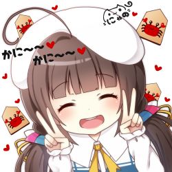 Rule 34 | 10s, 1girl, :d, ahoge, beret, blue dress, blunt bangs, blush, board game, brown hair, commentary request, crab, double v, dress, dutch angle, facing viewer, hair ribbon, hat, heart, hinatsuru ai, long hair, long sleeves, low twintails, nyano21, open mouth, ribbon, ryuuou no oshigoto!, school uniform, shogi, signature, simple background, sleeves past wrists, smile, solo, teeth, translation request, twintails, upper teeth only, v, white background, white hat, yellow ribbon