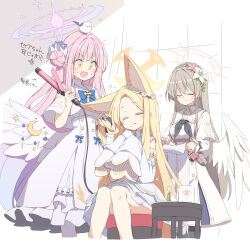 Rule 34 | 3girls, angel wings, animal ears, blonde hair, blue archive, capelet, closed eyes, cruciform halo, cup, dress, eating, feathered wings, flower, food, fox ears, hair bun, hair flower, hair iron, hair ornament, halo, highres, light brown hair, long hair, long sleeves, low wings, mika (blue archive), mug, multiple girls, nagisa (blue archive), pink hair, pink halo, sandwich, satou kibi, seia (blue archive), single side bun, sitting, sleepy, sleeves past fingers, sleeves past wrists, squeans, tea party (blue archive), white capelet, white dress, white wings, wide sleeves, wings, yellow eyes, yellow halo