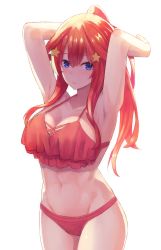 Rule 34 | 1girl, armpits, arms behind head, arms up, bikini, blue eyes, blush, breasts, cleavage, closed mouth, collarbone, cowboy shot, go-toubun no hanayome, hair ornament, high ponytail, highres, large breasts, layered bikini, long hair, looking at viewer, nakano itsuki, navel, pony (shihyo-6591), red bikini, red hair, sidelocks, simple background, solo, standing, star (symbol), star hair ornament, stomach, swimsuit, very long hair, white background