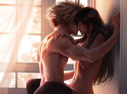 Rule 34 | 1boy, 1girl, against wall, black hair, black thighhighs, blonde hair, breasts, closed eyes, cloud strife, commentary, couple, curtains, earrings, english commentary, final fantasy, final fantasy vii, final fantasy vii remake, imminent kiss, indoors, jewelry, large breasts, long hair, navel, nude, open mouth, safaia, scratches, sex, short hair, spiked hair, stomach, suspended congress, thighhighs, tifa lockhart, window