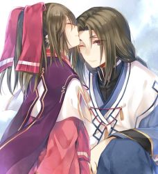 Rule 34 | age difference, ainu clothes, animal ears, aquaplus, breasts, brother and sister, brown hair, closed mouth, dress, eyes visible through hair, family, hair ribbon, height difference, kiss, kissing forehead, long hair, long sleeves, mole, mole under eye, nekone (utawarerumono), nose, one eye closed, red eyes, ribbon, siblings, small breasts, smile, twintails, ukon (utawarerumono), utawarerumono, utawarerumono: itsuwari no kamen, yami nabe23
