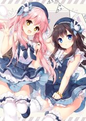 Rule 34 | 2girls, bare shoulders, black hair, blue eyes, blush, bow, brown eyes, commentary request, hat, hat bow, hat ribbon, highres, long hair, looking at viewer, mochizuki shiina, multiple girls, neckerchief, open mouth, original, pink hair, ribbon, skirt, suspender skirt, suspenders, white legwear