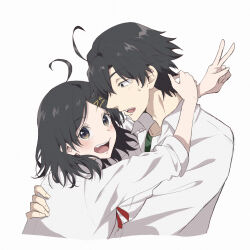 Rule 34 | 1boy, 1girl, :d, ahoge, black eyes, black hair, brother and sister, collared shirt, hair between eyes, hair ornament, hands on another&#039;s back, hands on another&#039;s neck, highres, hikigaya hachiman, hikigaya komachi, light (lightpicture33), light blush, looking at another, looking at viewer, open mouth, school uniform, shirt, short hair, siblings, small pupils, smile, sweatdrop, teeth, tongue, v, white shirt, x hair ornament, yahari ore no seishun lovecome wa machigatteiru.