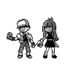 Rule 34 | 1boy, 1girl, bad id, bad pixiv id, baseball cap, blunt bangs, bukiko, creatures (company), dress, fingerless gloves, full body, game freak, gloves, green (pokemon), greyscale, hat, holding, holding poke ball, long hair, looking away, looking to the side, md5 mismatch, monochrome, nintendo, official style, pants, pixel art, poke ball, poke ball (basic), pokemon, pokemon rgby, pokemon rgby beta, prototype design, red (pokemon), resized, shoes, short dress, simple background, sleeveless, sleeveless dress, standing, upscaled, white background