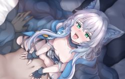 Rule 34 | 1boy, 1girl, absurdres, animal ear fluff, animal ears, arknights, black gloves, blush, breasts, cat ears, cat girl, cowgirl position, daram (shappydude), dress, fingerless gloves, gloves, green eyes, grey hair, hetero, highres, hood, jacket, long hair, nipples, pussy, pussy juice, rabbit ears, rosmontis (arknights), saliva, sex, small breasts, straddling, sweat, tongue, tongue out