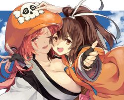 Rule 34 | 2girls, amputee, baiken, big hair, blush, breasts, brown eyes, brown hair, cleavage, facial tattoo, fingerless gloves, gloves, guilty gear, hat, jako (toyprn), japanese clothes, kimono, large breasts, long hair, looking at viewer, may (guilty gear), multiple girls, one-eyed, open clothes, open kimono, open mouth, orange headwear, pink hair, pirate hat, ponytail, scar, scar across eye, scar on face, skull and crossbones, smile, tattoo, thumbs up