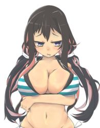 Rule 34 | 10s, 1girl, alternate breast size, alternate costume, arm behind back, bikini, black bikini, black hair, blue eyes, breast hold, breasts, cleavage, double bikini, eyelashes, fang, hair tie, highres, kantai collection, large breasts, long hair, looking to the side, lowleg, lowleg bikini, macbail, multicolored hair, naganami (kancolle), navel, pink hair, side-tie bikini bottom, simple background, solo, striped bikini, striped clothes, swimsuit, twintails, two-tone hair, upper body, very long hair, wavy hair, white background, yellow eyes