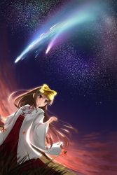 Rule 34 | 10s, 1girl, bad id, bad pixiv id, blonde hair, brown eyes, cloud, cloudy sky, flower, hair ornament, headpiece, highres, japanese clothes, kanzashi, kimi no na wa., long hair, looking at viewer, meteor shower, miko, miyamizu mitsuha, night, night sky, parted lips, rko (a470350510), scenery, sky, solo, spider lily, star (sky), starry sky, wind