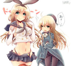 Rule 34 | 2girls, anchor, artist name, atago (kancolle), atago (kancolle) (cosplay), black gloves, blonde hair, blush, breast envy, breasts, cosplay, costume switch, crop top, crop top overhang, elbow gloves, gloves, green eyes, hairband, hat, kantai collection, long hair, looking at viewer, medium breasts, midriff, multiple girls, nano (cherry line), navel, pantyhose, personification, shimakaze (kancolle), shimakaze (kancolle) (cosplay), simple background, skirt, small breasts, smile, thighhighs, white background, white gloves