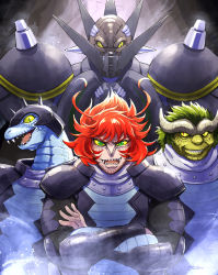 Rule 34 | 3boys, absurdres, character name, colored sclera, crossed arms, dinosaur boy, fangs, furry, furry male, getter robo, getter robo arc, gettersaurus, green eyes, green hair, helmet, highres, horns, male focus, mecha, multiple boys, ohdon, open mouth, pilot suit, red hair, robot, sharp teeth, smile, spikes, super robot, teeth, yellow eyes, yellow sclera