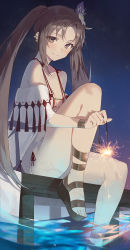 Rule 34 | 1girl, bare shoulders, bikini, blush, breasts, brown eyes, brown hair, cleavage, closed mouth, collarbone, earrings, fate/grand order, fate (series), fireworks, hair ornament, highres, jewelry, knee up, legs, long hair, looking at viewer, medium breasts, multiple earrings, night, night sky, open clothes, robe, seon (seonon ), sitting, sky, smile, soaking feet, sparkler, swimsuit, twintails, very long hair, water, white bikini, yu mei-ren (fate), yu mei-ren (swimsuit lancer) (fate)