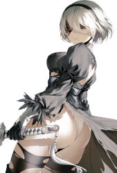 Rule 34 | 1girl, 2b (nier:automata), absurdres, android, ass, back cutout, black blindfold, black gloves, black hairband, blindfold, boots, clothing cutout, covered eyes, drakhend66, dress, feather-trimmed sleeves, feather trim, from behind, gloves, hairband, highres, holding, holding sword, holding weapon, juliet sleeves, leotard, long sleeves, looking at viewer, looking back, mole, mole under mouth, nier:automata, nier (series), puffy sleeves, short hair, sidelighting, solo, standing, sword, thighhighs, thighhighs under boots, thighs, thong leotard, torn clothes, torn dress, torn thighhighs, virtuous contract, weapon, white background, white hair, white leotard