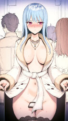 Rule 34 | 1girl, blue hair, bottomless, breasts, coat, convenient censoring, dolphin wave, embarrassed, haoni, highres, lace, large breasts, navel, nayuki hiori, open clothes, open coat, public indecency, red eyes, white coat