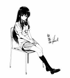 Rule 34 | 1girl, amage kanade, bad id, bad pixiv id, cardigan vest, chair, faux traditional media, full body, greyscale, kneehighs, loafers, long hair, looking at viewer, monochrome, original, pleated skirt, school uniform, shoes, sitting, skirt, socks, solo, traditional media