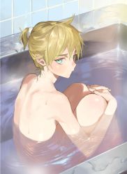 Rule 34 | 1boy, bathing, bathtub, blonde hair, blue eyes, interlocked fingers, kagamine len, looking at viewer, male focus, naoko (naonocoto), nude, own hands together, sitting, solo, spiked hair, vocaloid, water, wet