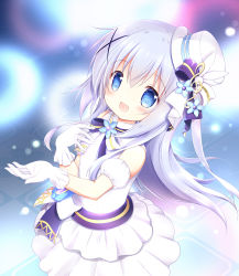 Rule 34 | 1girl, :d, bare shoulders, blue eyes, blue flower, blue hair, blush, bow, commentary request, detached sleeves, dress, flower, gloves, gochuumon wa usagi desu ka?, hair between eyes, hair ornament, hat, hat bow, kafuu chino, layered dress, long hair, looking at viewer, mini hat, nanase miori, open mouth, puffy short sleeves, puffy sleeves, purple bow, short sleeves, sleeveless, sleeveless dress, smile, solo, striped, striped bow, tilted headwear, treble clef, very long hair, white bow, white dress, white gloves, white hat, white sleeves, x hair ornament