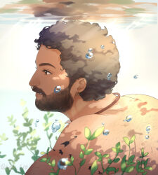 Rule 34 | 1boy, back hair, beard, character request, curly hair, dark-skinned male, dark skin, facial hair, from side, indian, kaji 610, looking ahead, male focus, mature male, muscular, muscular male, mustache, nose piercing, nose ring, nude, piercing, plant, rrr (movie), short hair, solo, thick eyebrows, thick mustache, underwater, upper body