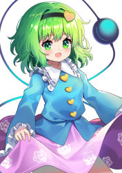 Rule 34 | 1girl, :d, black hairband, blouse, blue shirt, blush, breasts, buttons, contrapposto, cosplay, cowboy shot, eyeball, floral print, frilled shirt collar, frills, green eyes, green hair, hair between eyes, hair intakes, hairband, heart, highres, komeiji koishi, komeiji satori, komeiji satori (cosplay), lifted by self, long sleeves, looking at viewer, medium hair, open mouth, pink skirt, shirt, simple background, skirt, skirt hold, small breasts, smile, thighs, third eye, touhou, white background, wide sleeves, yuujin (yuzinn333)
